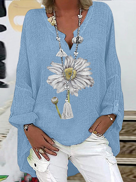 Women's Floral Print V Neck Long Sleeved Casual Linen Top