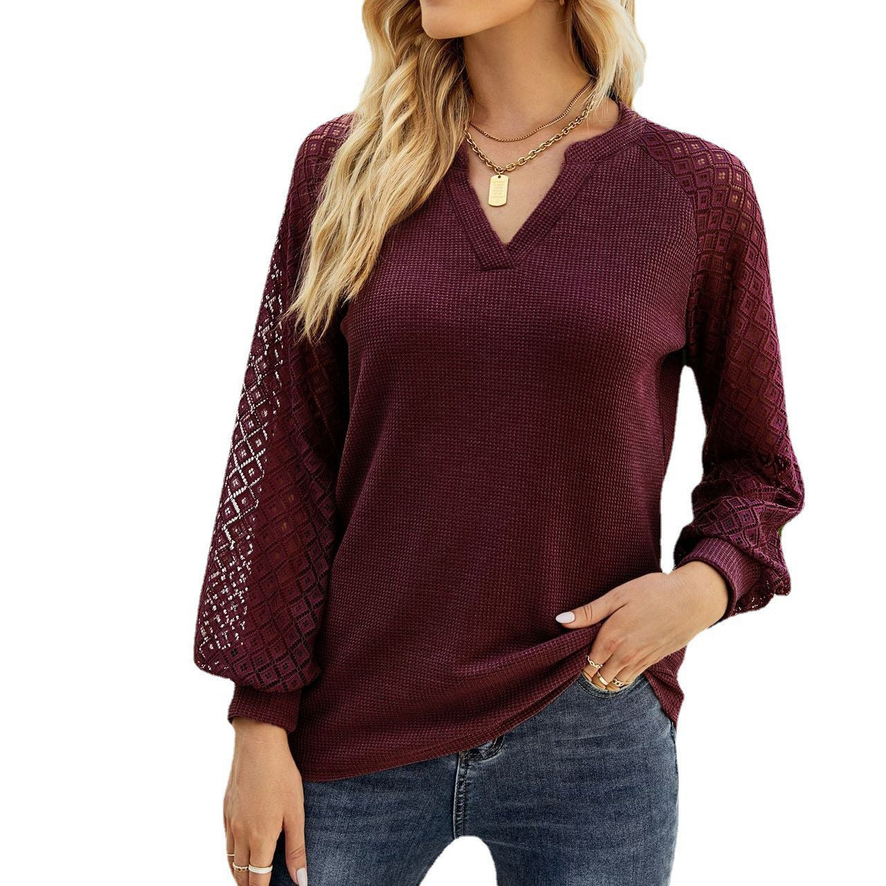 Lace Cutout Long Sleeve Waffle V-Neck T-Shirt Top