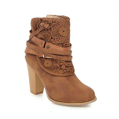 Women's Elegant Lace Flower Chunky Heel Booties 72625892S