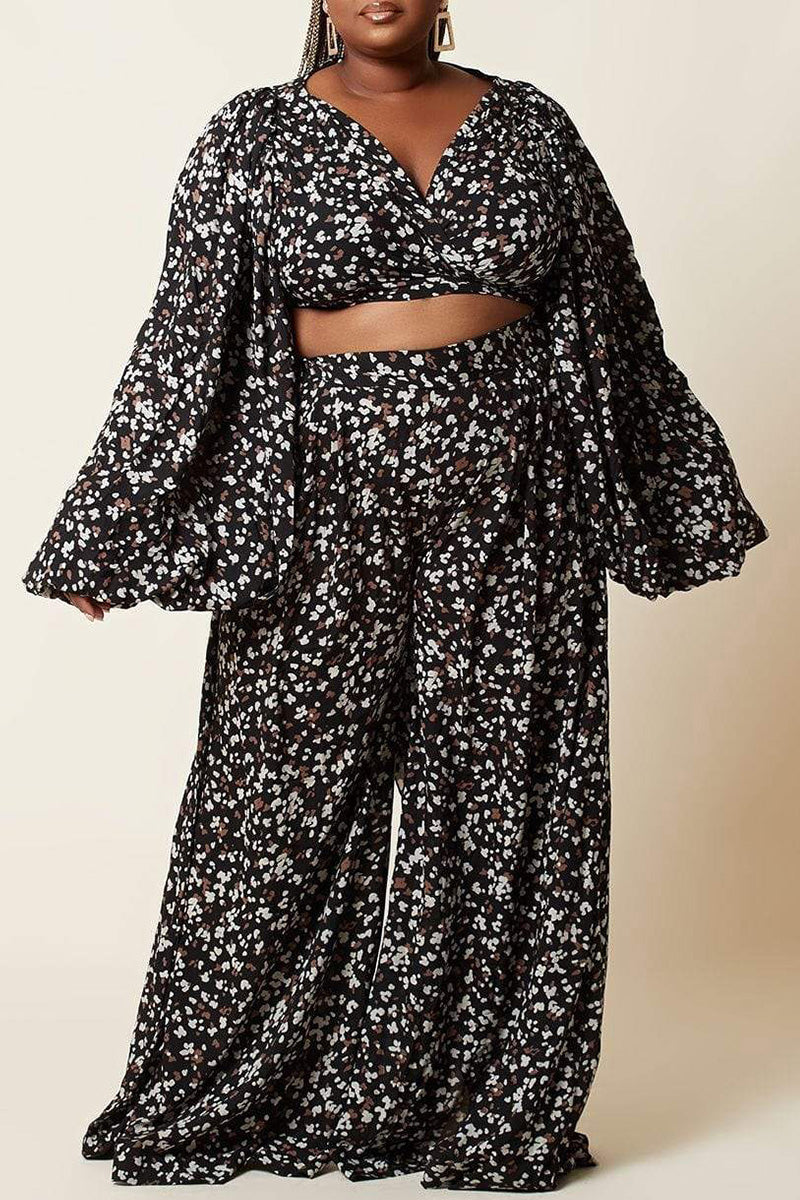 Fashion Casual Print Bandage V Neck Long Sleeve Two Pieces