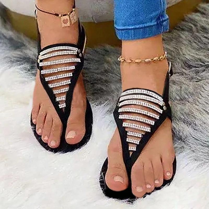 Women Casual Fashion Cloth Rhinestone Adjusting Buckle Beach Holiday Sandals