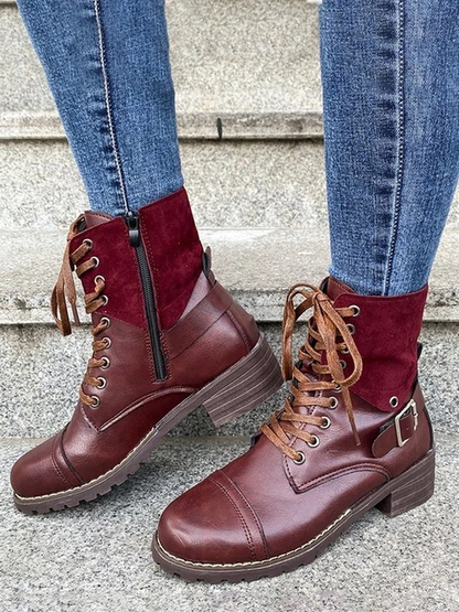 Retro Stitching Lace-up Zipper Boots