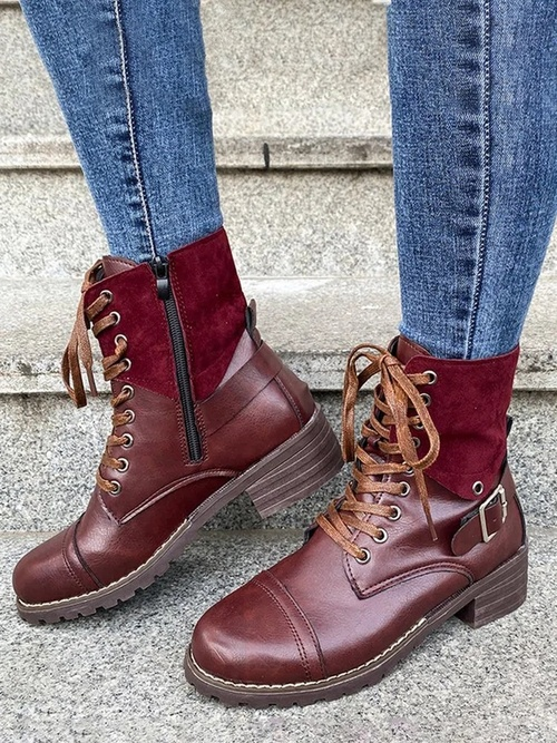 Retro Stitching Lace-up Zipper Boots