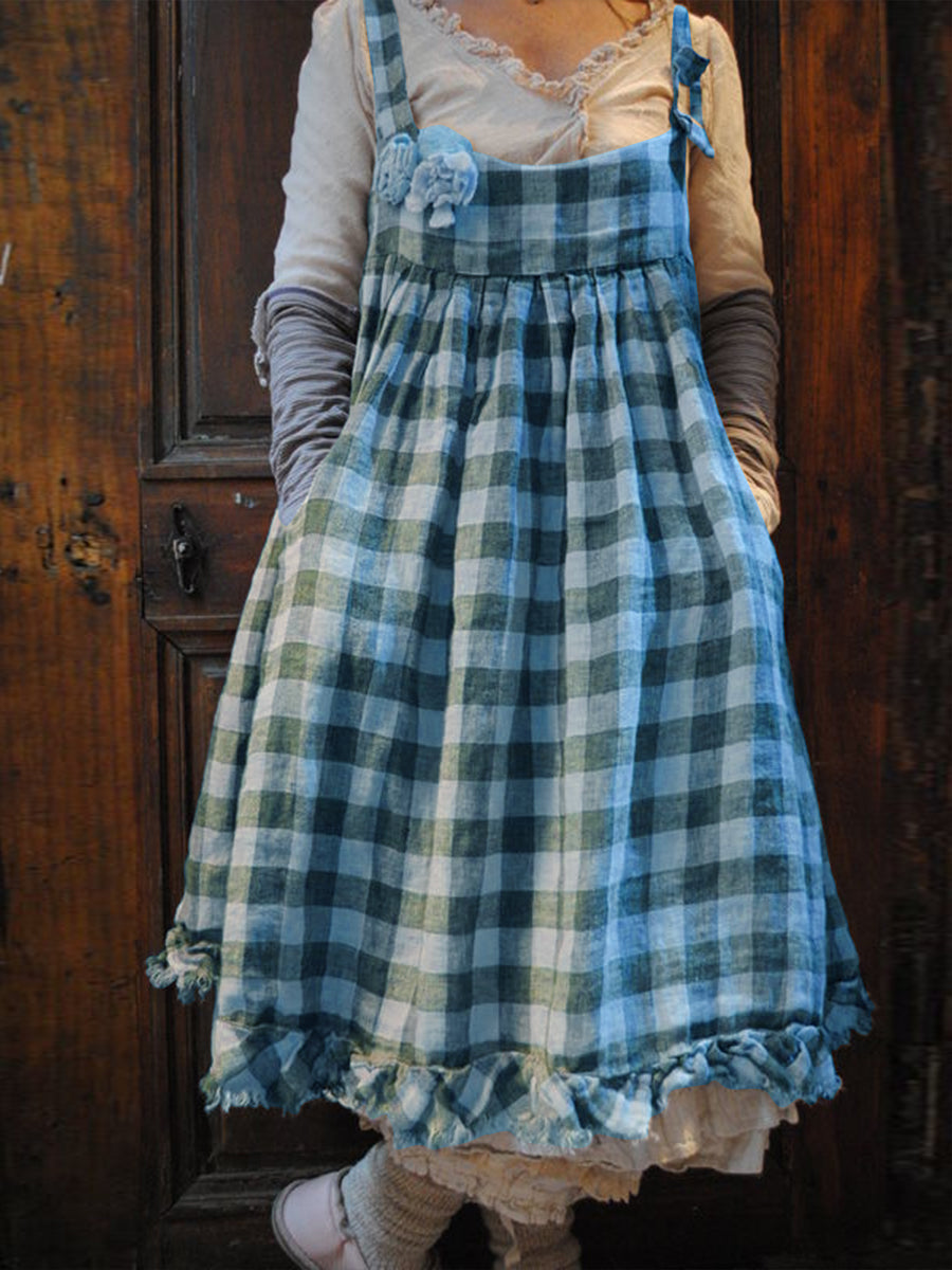 Women Casual Linen Plaid Dress