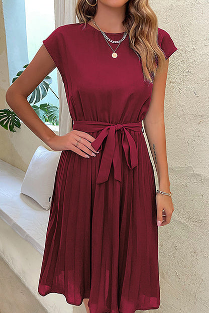 Elegant Solid Frenulum Fold O Neck Pleated Dresses