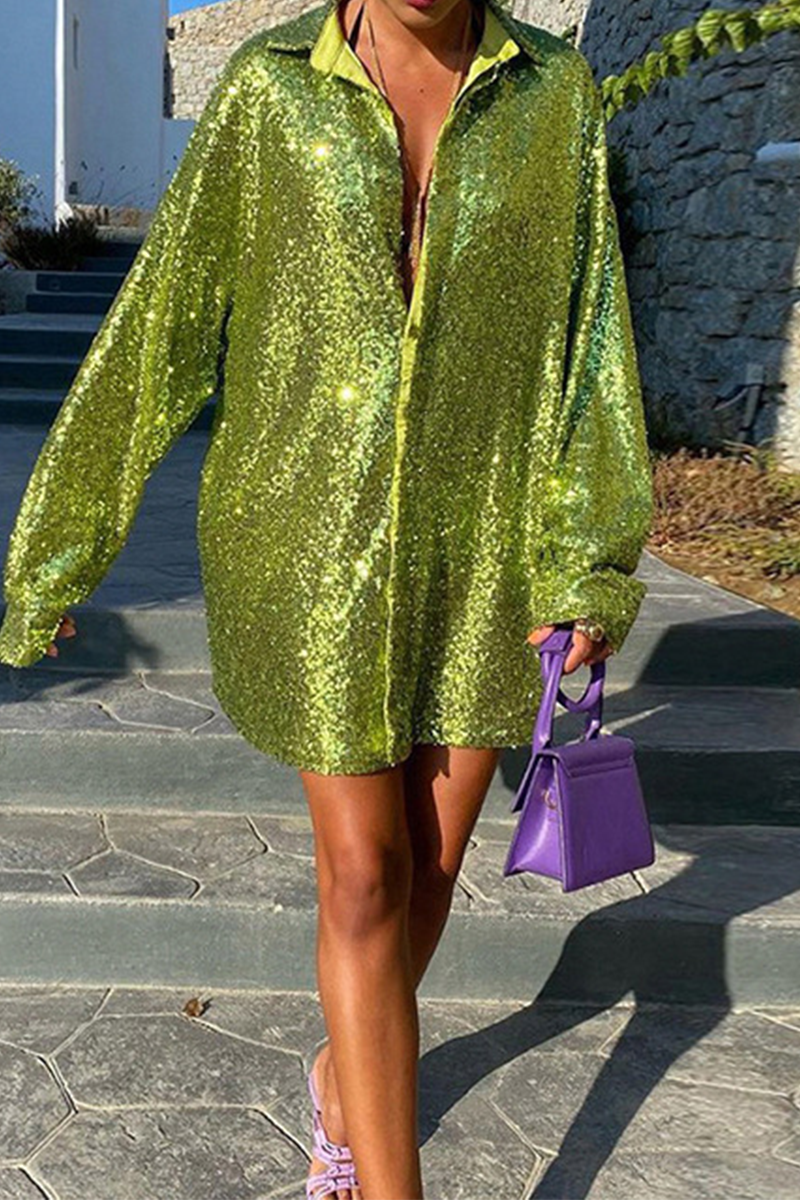 Casual Solid Sequins Shirt Dress Dresses