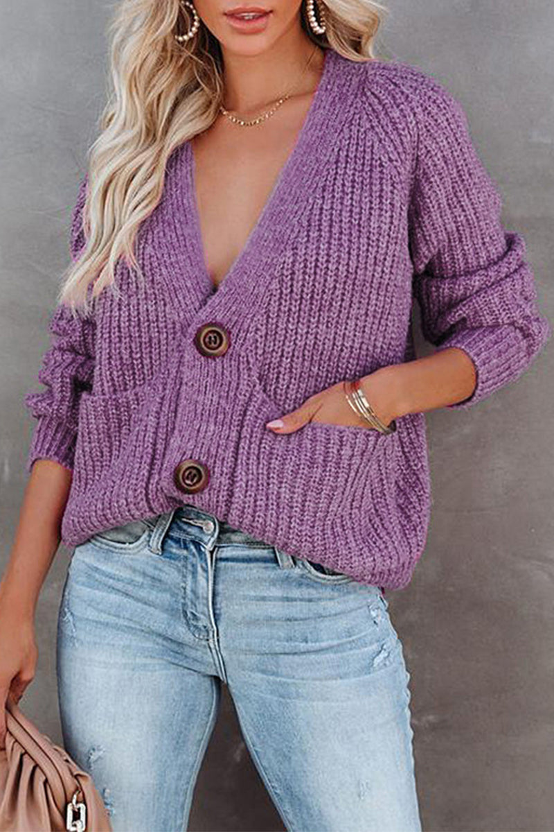 Casual Solid Pocket Buttons V Neck Tops