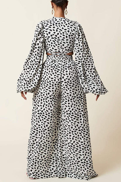 Fashion Casual Print Bandage V Neck Long Sleeve Two Pieces