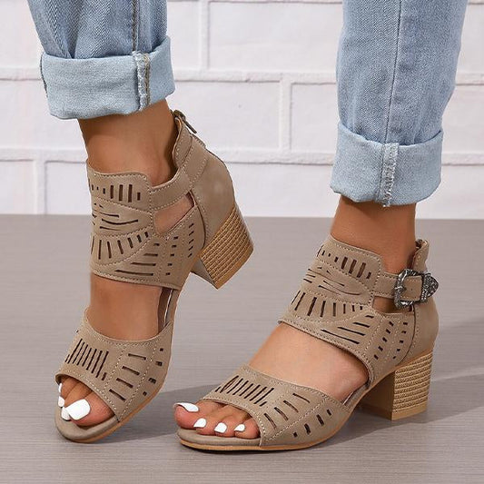 Women's Fashion Hollow Zipper Chunky Heel Sandals 89606513C