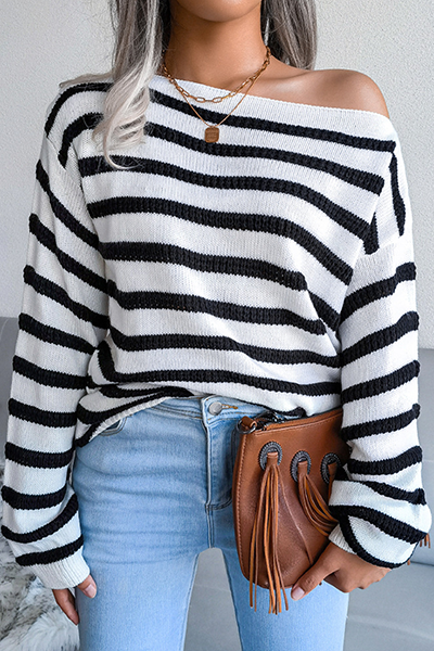 Casual Striped Split Joint  Contrast Off the Shoulder Tops