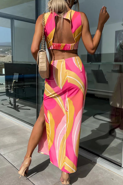 Sexy Celebrities Geometric Print Backless Slit O Neck A Line Dresses