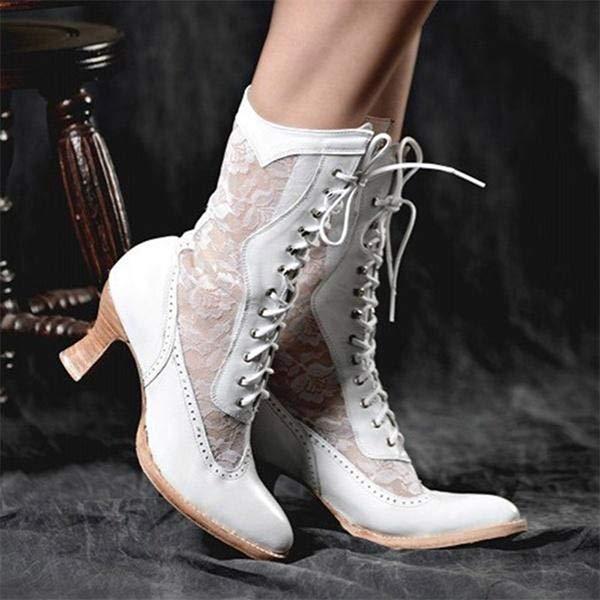 Women'S Lace Panel Mid Heel Boots 88628835C