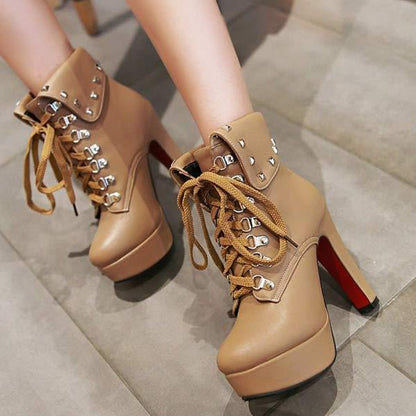 Women's Chunky Heel Thick Sole Super High Heel Lace-Up Ankle Boots 69094700C