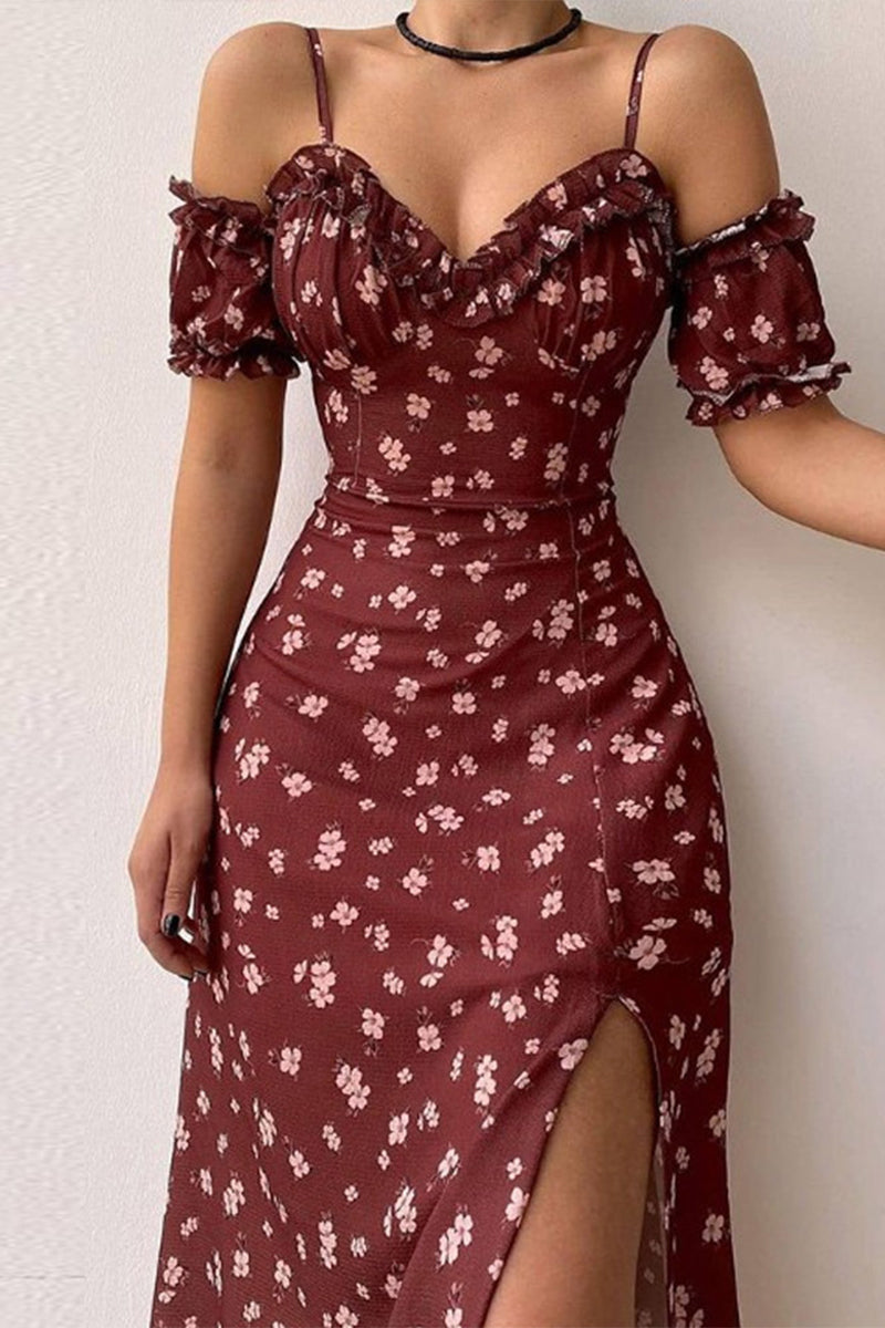 Sweet Elegant Print Asymmetrical Off the Shoulder A Line Dresses(5 Colors)