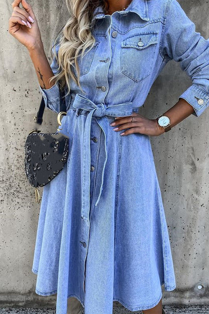 Work Elegant Solid Patchwork Pocket Frenulum Buckle Turndown Collar Long Sleeve High Waist Regular Denim Dresses