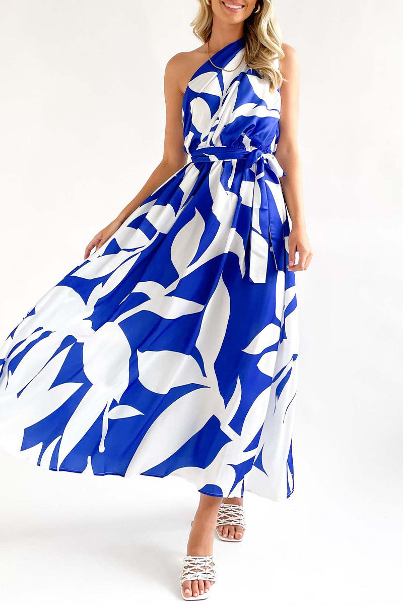 Street College Geometric Printing Oblique Collar Sleeveless Dress Dresses