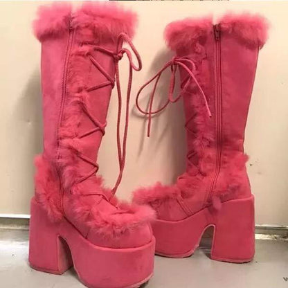 Women's Fur Boots Platform High Heel Gothic Boots 55363358C