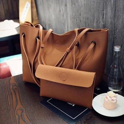 2PCS Large Capacity PU Shoulder Bag with Mini Clutche Purse