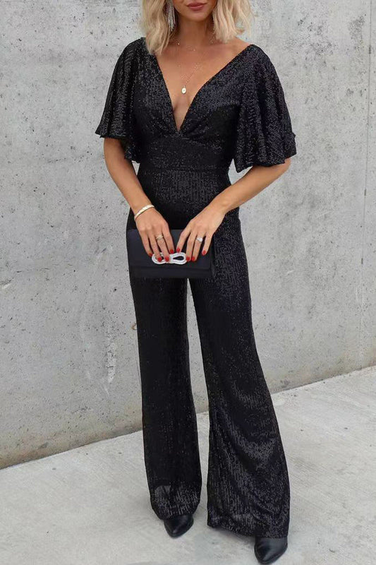 Casual Simplicity Solid Sequins V Neck Regular Jumpsuits