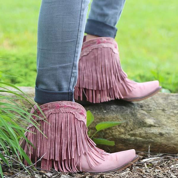 Women's Fashionable Mid-Heel Fringed Pointed Toe Ankle Boots 17609427C