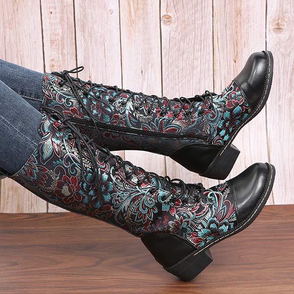 Women'S Ethnic Print Lace Up Side Zip Boots 96837984