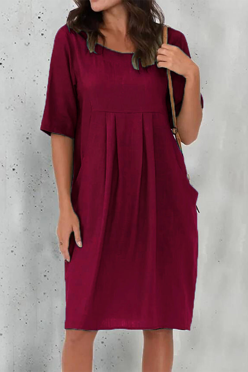 Casual Solid Fold O Neck Short Sleeve Dress Dresses