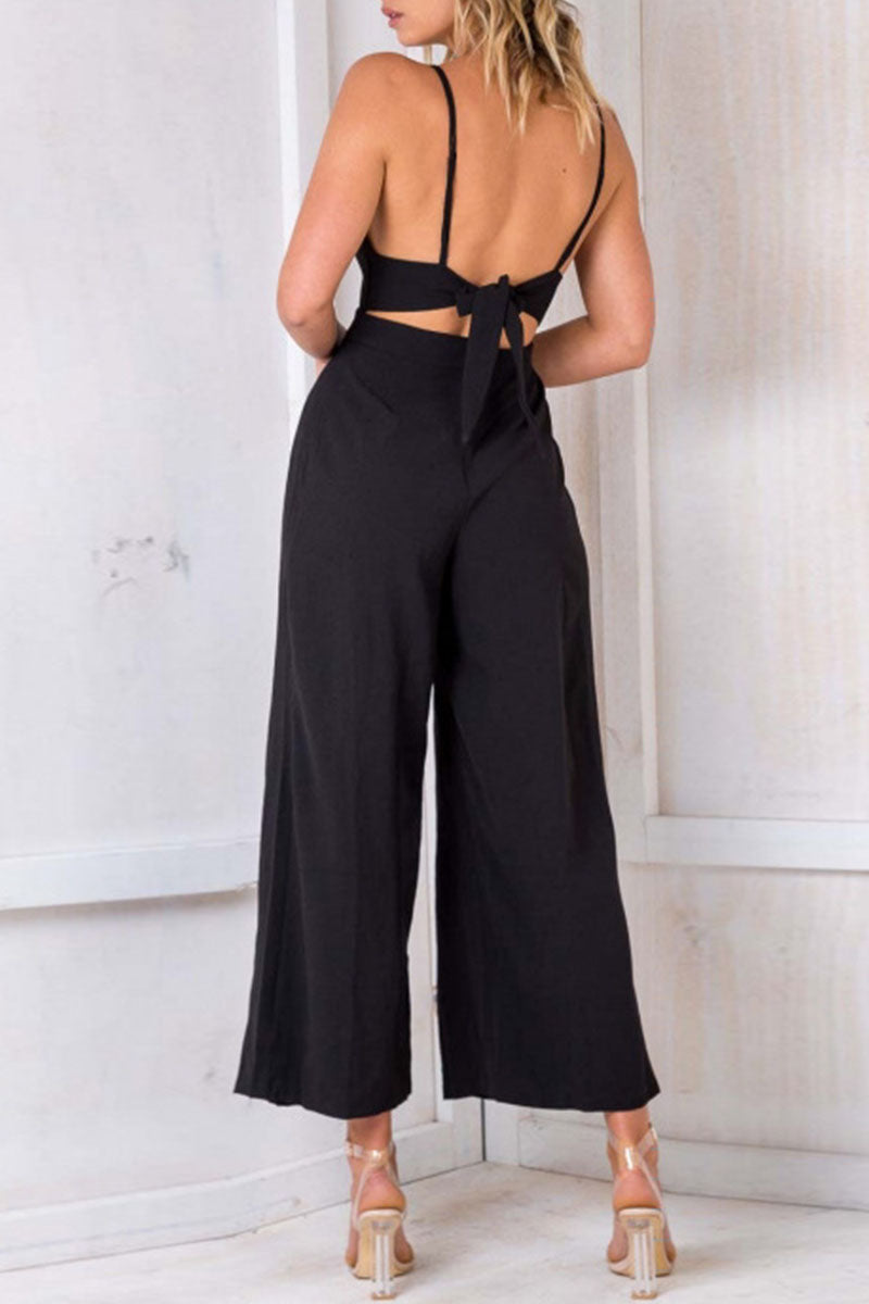 Fashion Solid Backless V Neck Loose Jumpsuits(3 colors)