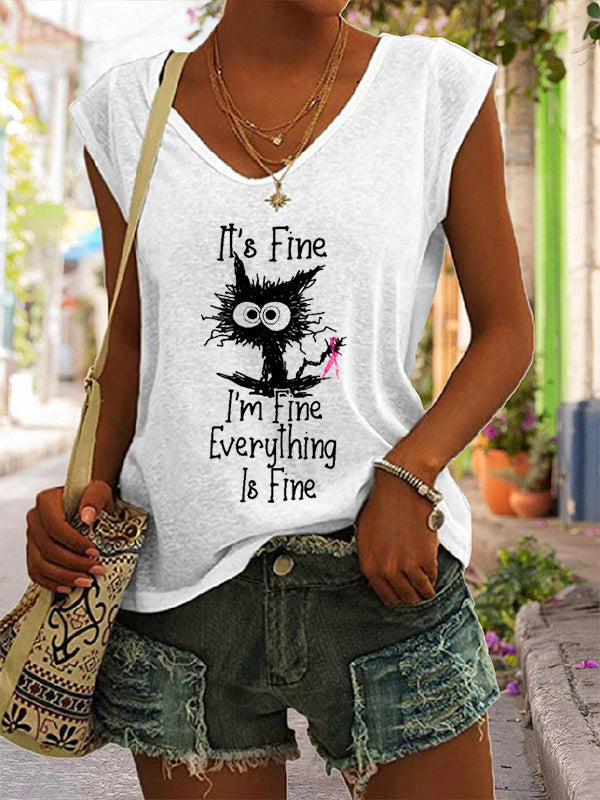 It's Fine I'm Fine Everything Is Fine Pink Ribbon Graphic Cap Sleeve T-Shirt