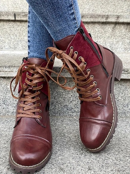 Retro Stitching Lace-up Zipper Boots