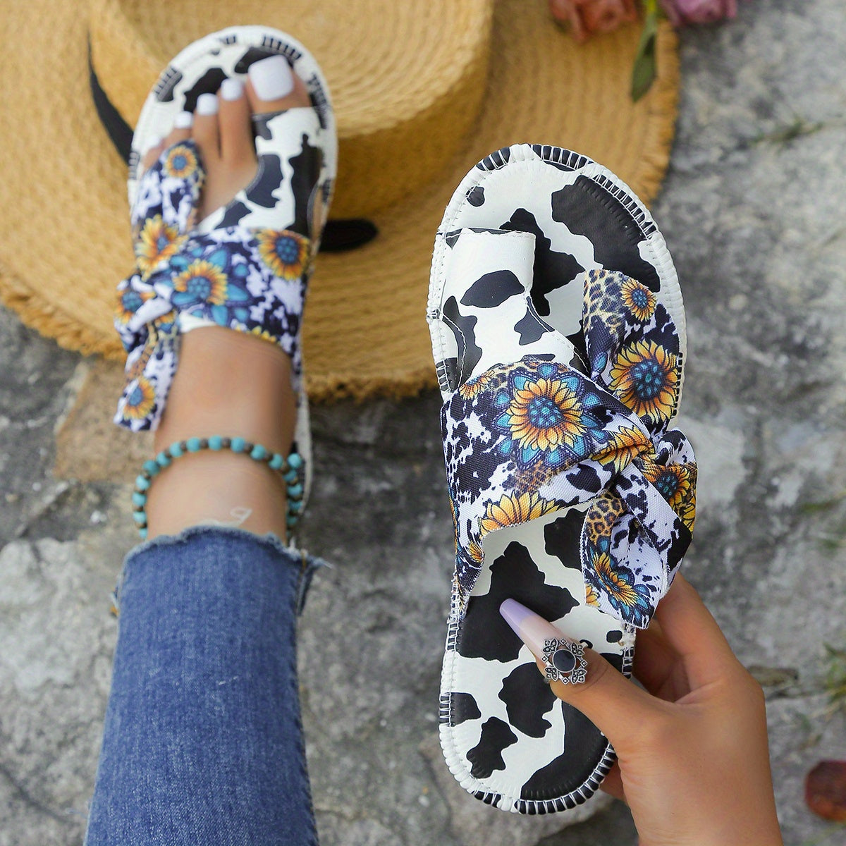 Cow and Sunflower Print Sliders - Stylish Toe Loop Slip-Ons for Women