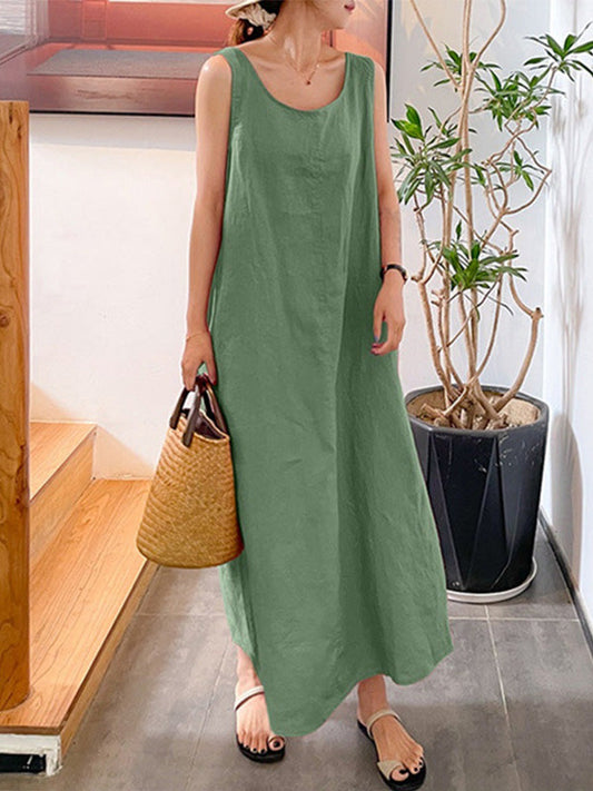 Linen Round Neck Sleeveless Maxi Dress