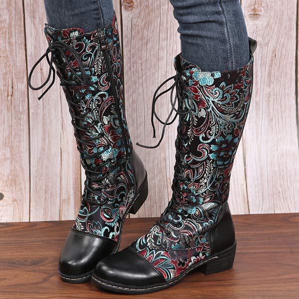 Women'S Ethnic Print Lace Up Side Zip Boots 96837984