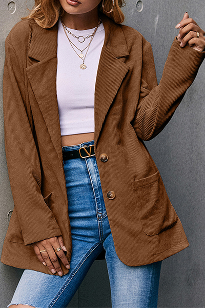 Casual Solid Pocket Buckle Turn-back Collar Outerwear