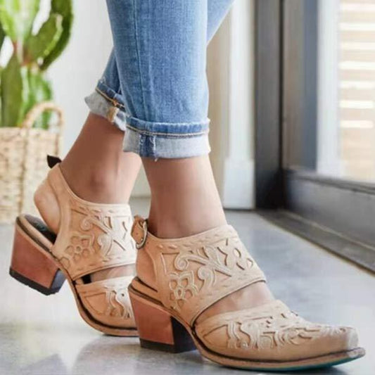 Women's Fashion Embroidered Square Toe Chunky Heel Backless Sandals 95982363C