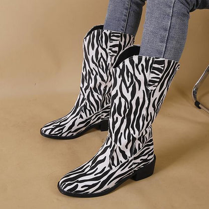 Women's Fashion Zebra Pattern Chunky Heel Mid-Calf Boots 69176573S