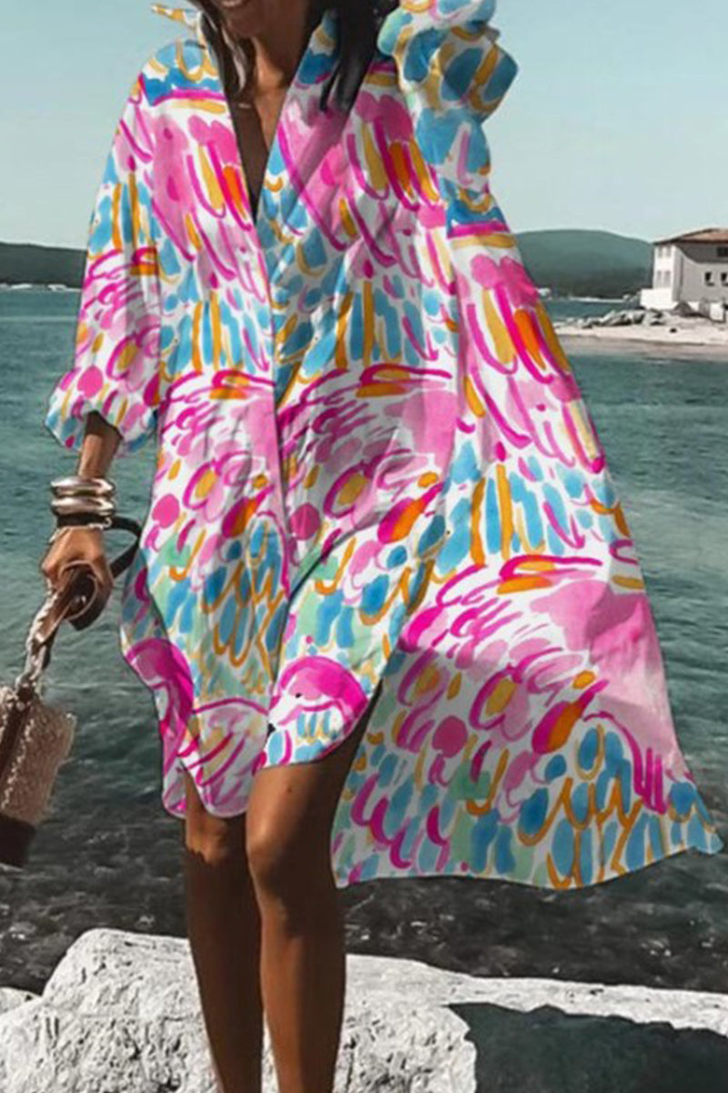 Casual Print Contrast Turndown Collar Shirt Dress Dresses