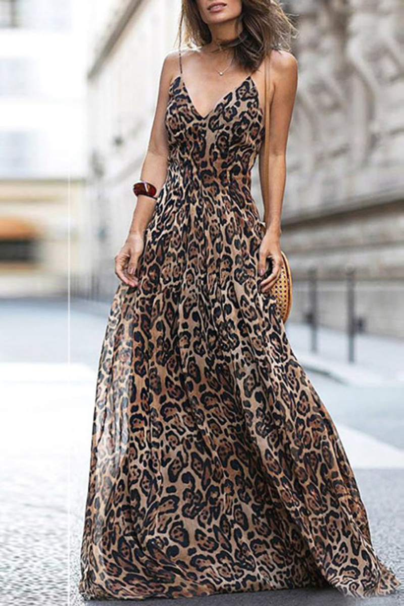 Sexy Leopard Split Joint Spaghetti Strap Cake Skirt Dresses