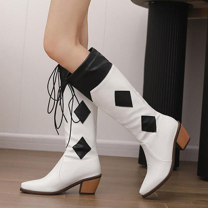 Women's Fashion Rhombus Stitching Chunky Heel Boots 52657212S