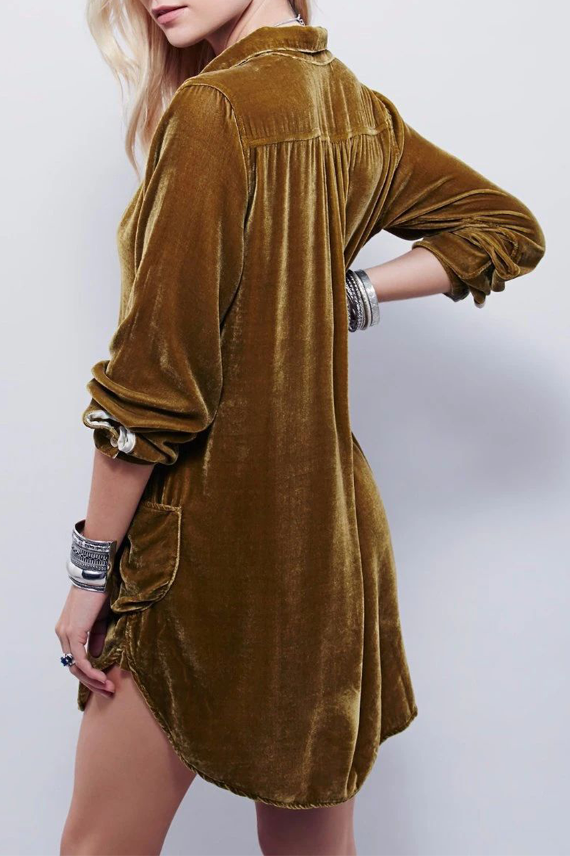 Fashion Casual Solid Split Joint Pocket Turndown Collar Shirt Dress Dresses