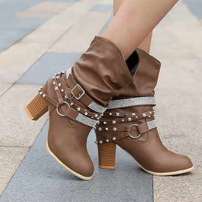 Women'S Chunky Heel Rhinestone Belt Buckle Round Toe Boots 02680696C