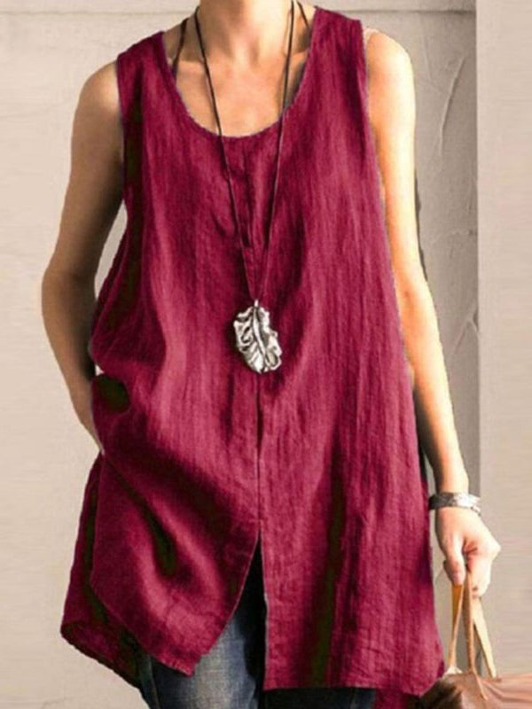 Solid Casual Sleeveless Slit High Low Blouse Tank Top