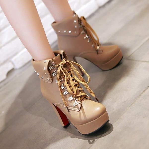 Women's Chunky Heel Thick Sole Super High Heel Lace-Up Ankle Boots 69094700C