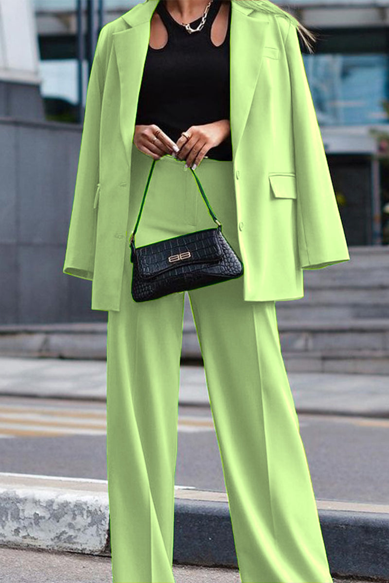 Grass Green Solid Long Sleeve Casual Suit 2 Piece Set