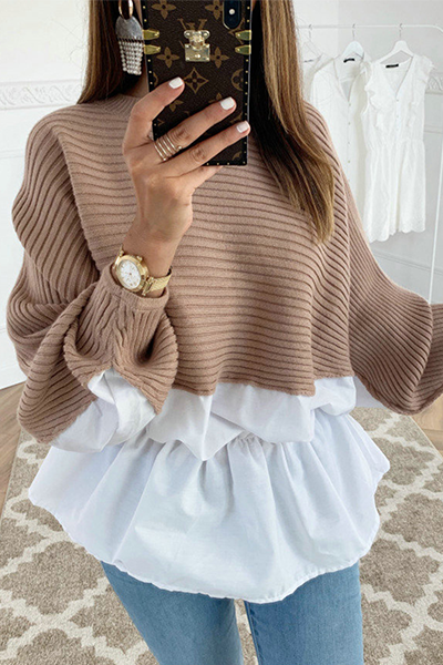 Casual Patchwork Fold Contrast O Neck Tops