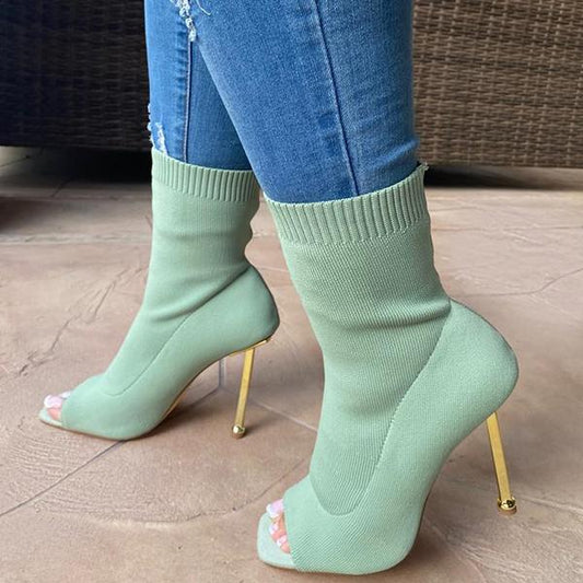 Peep Toe Knit Thin Heel Boots