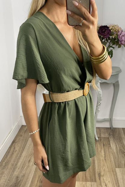 Casual Solid With Belt V Neck Loose Jumpsuits