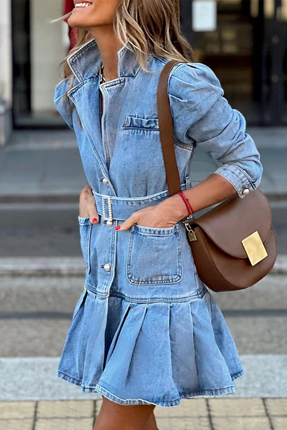 Casual Street Solid Pocket Turndown Collar Long Sleeve High Waist Regular Denim Dresses