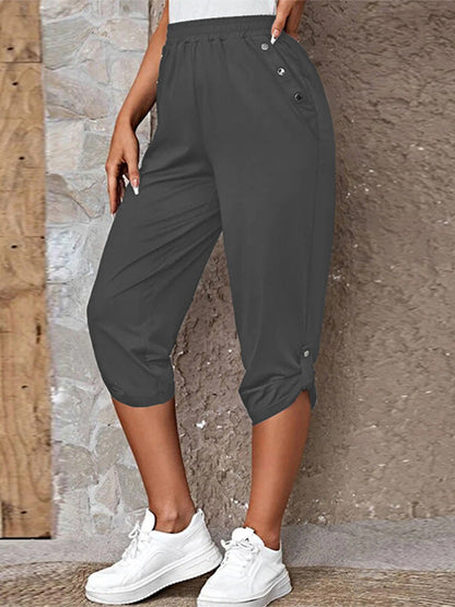 Women's Solid Button Detail Roll Up Hem Capri