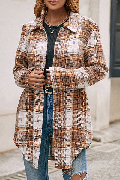 Casual Plaid Patchwork Buckle Turndown Collar Outerwear