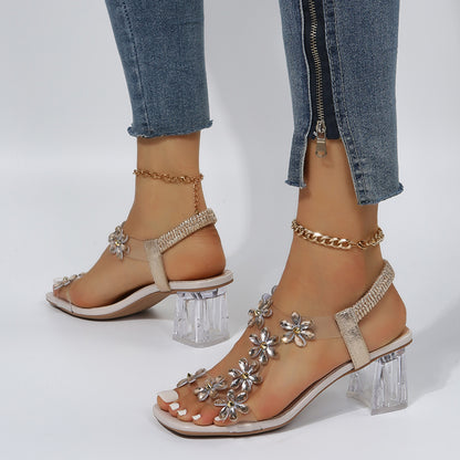 Women's Faux Rhinestone Floral Decor Chunky Heeled Sandals